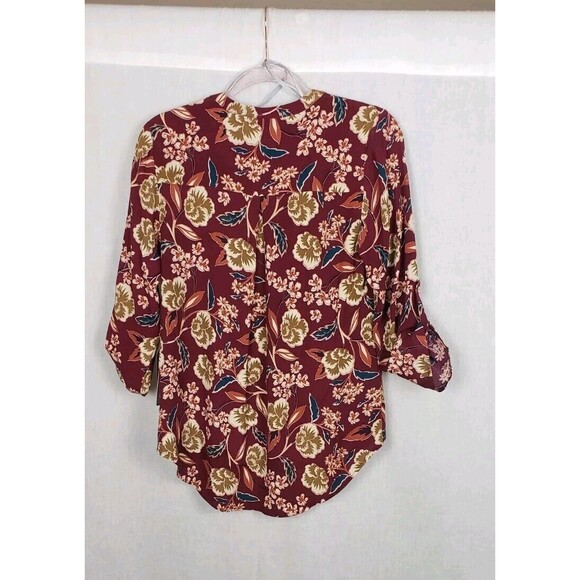 Daniel Rainn Blouse Top M Brown Multicolor Floral Roll Tab Sleeves Autumn Fall - Picture 2 of 7